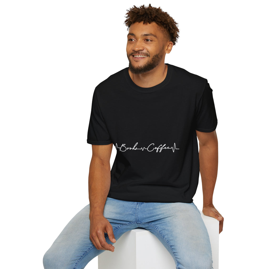 T-Shirt — 'Books & Coffee' Minimal Heartbeat Graphic Tee