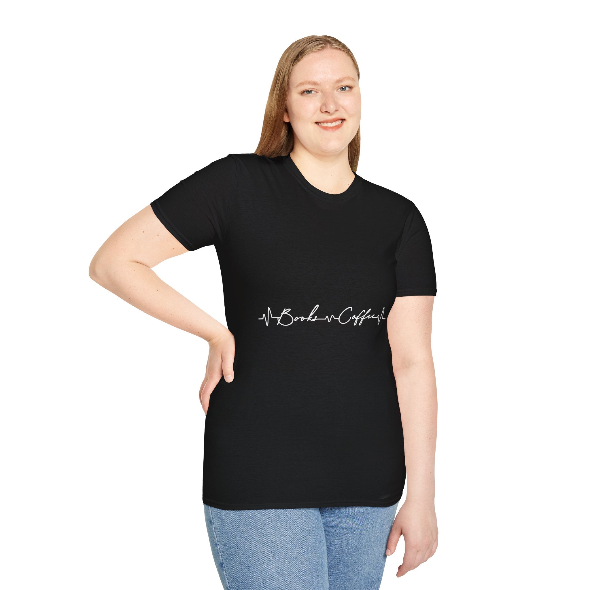 T-Shirt — 'Books & Coffee' Minimal Heartbeat Graphic Tee
