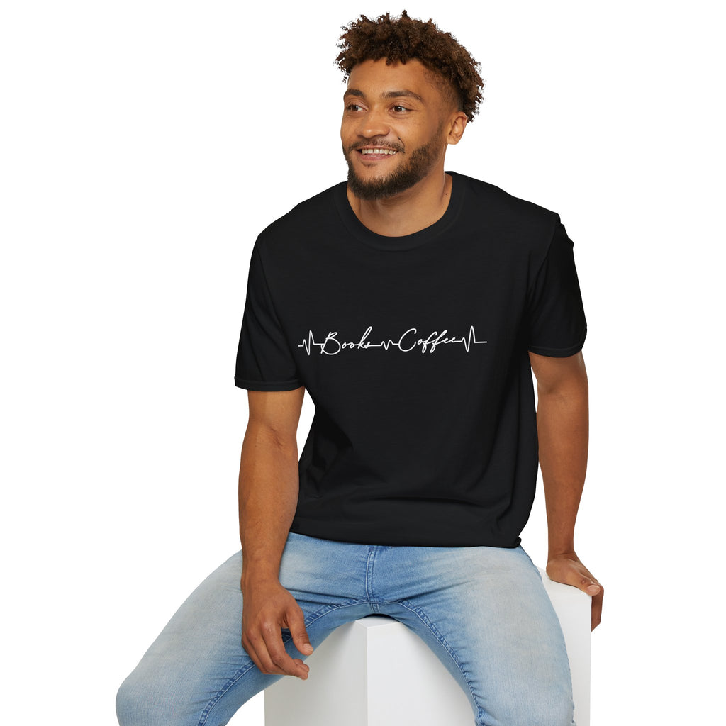 T-Shirt — 'Books & Coffee' Minimal Heartbeat Graphic Tee