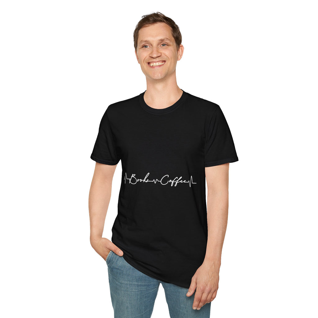 T-Shirt — 'Books & Coffee' Minimal Heartbeat Graphic Tee