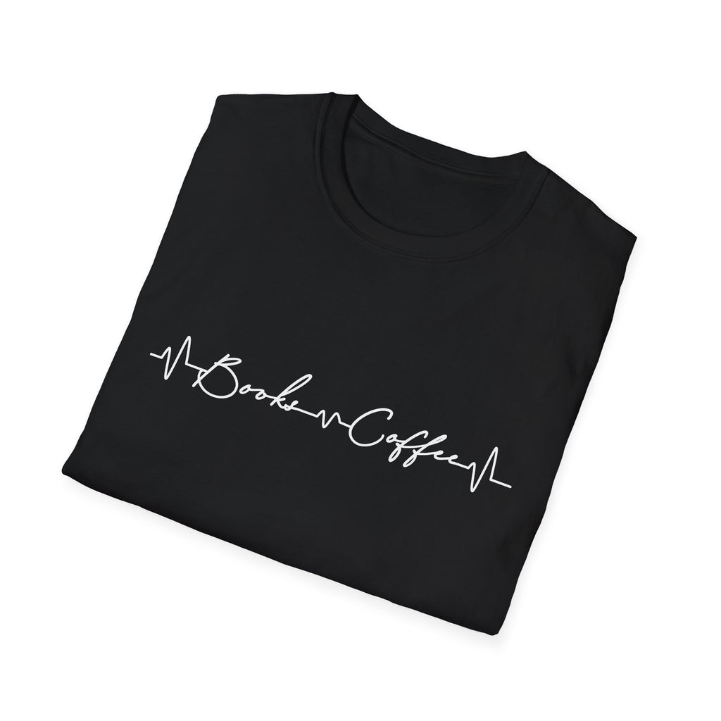 T-Shirt — 'Books & Coffee' Minimal Heartbeat Graphic Tee