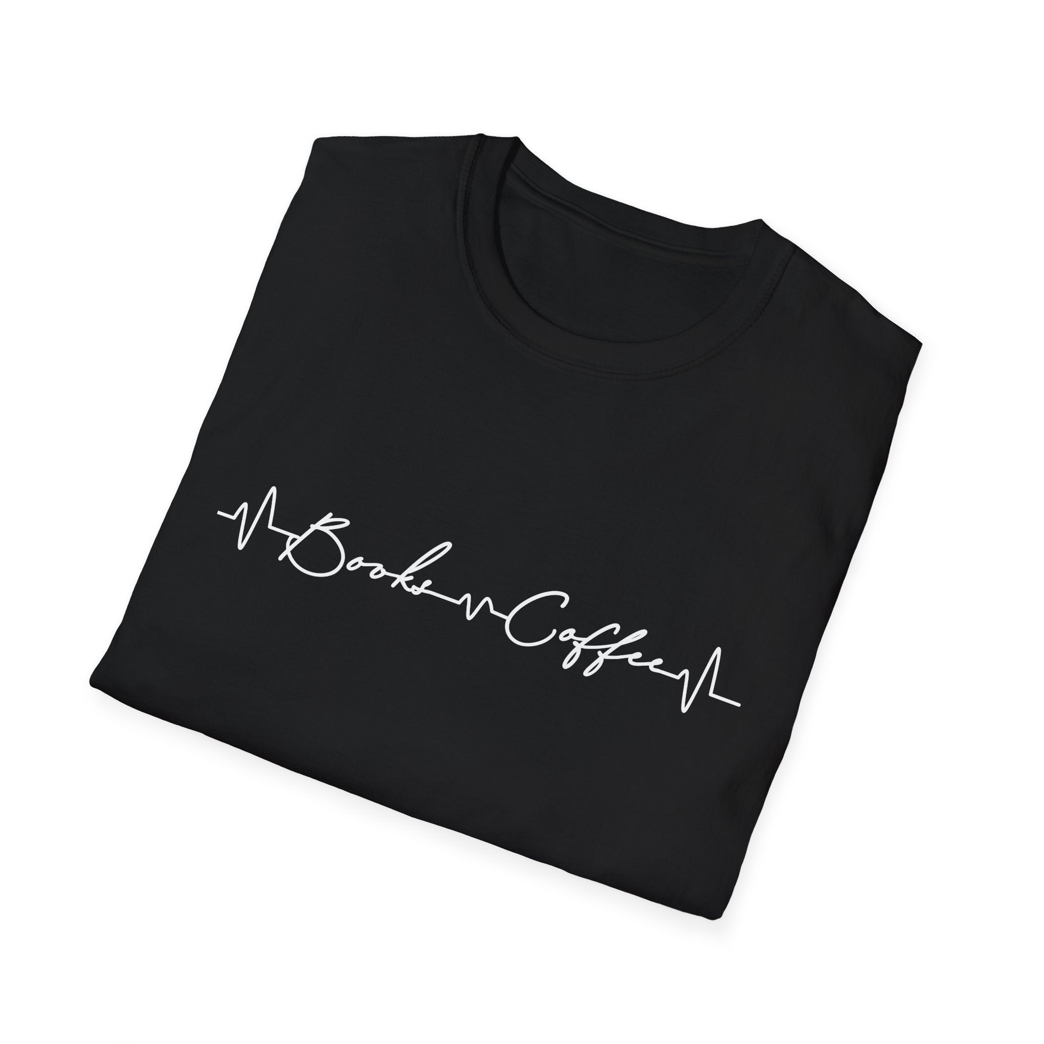 T-Shirt — 'Books & Coffee' Minimal Heartbeat Graphic Tee