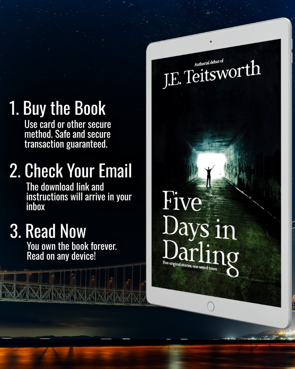 Promotional graphic for the book 'Five Days in Darling' by J.E. Teitsworth
