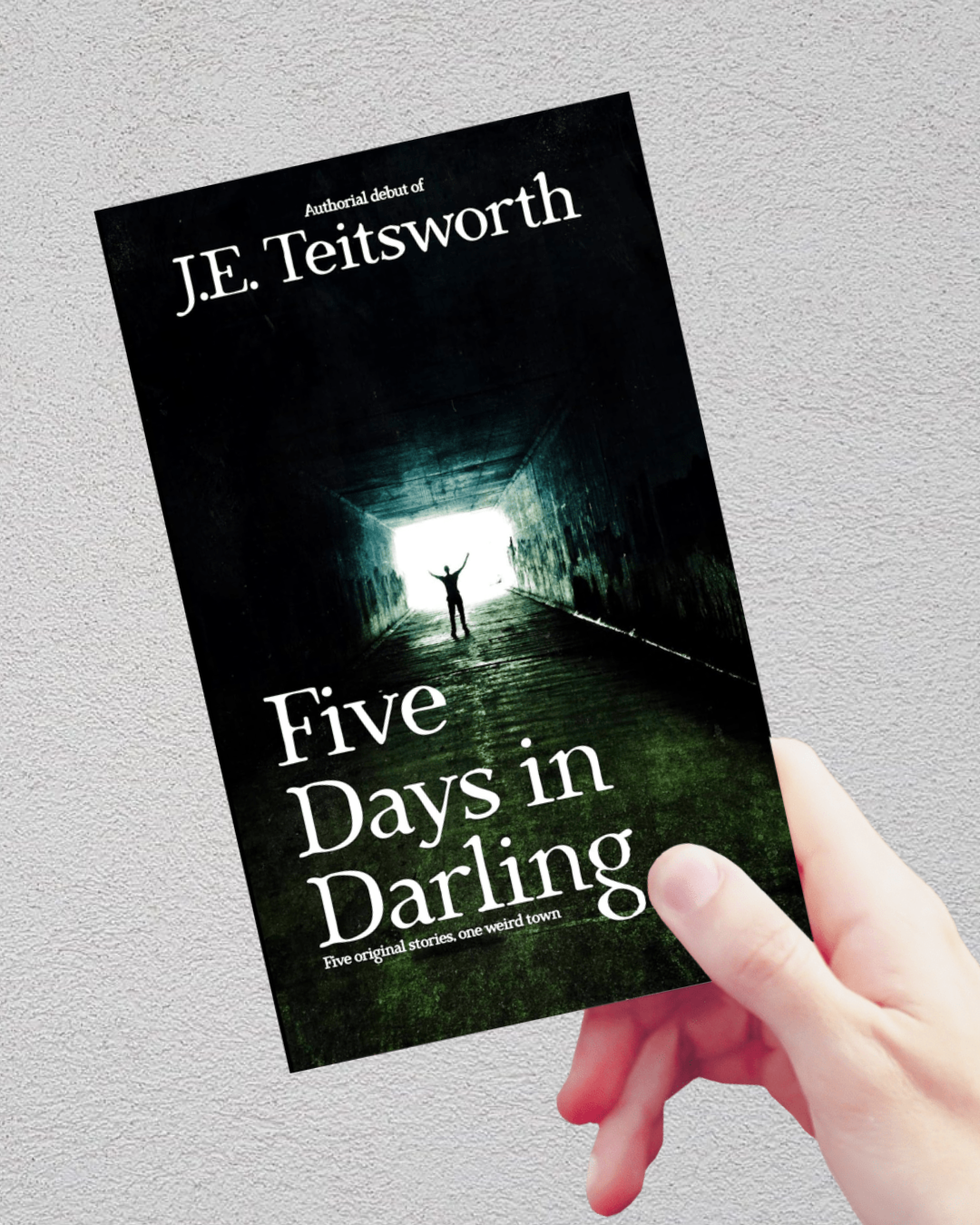 A hand holding a paperback book titled 'Five Days in Darling' by J.E. Teitsworth against a light gray textured wall.