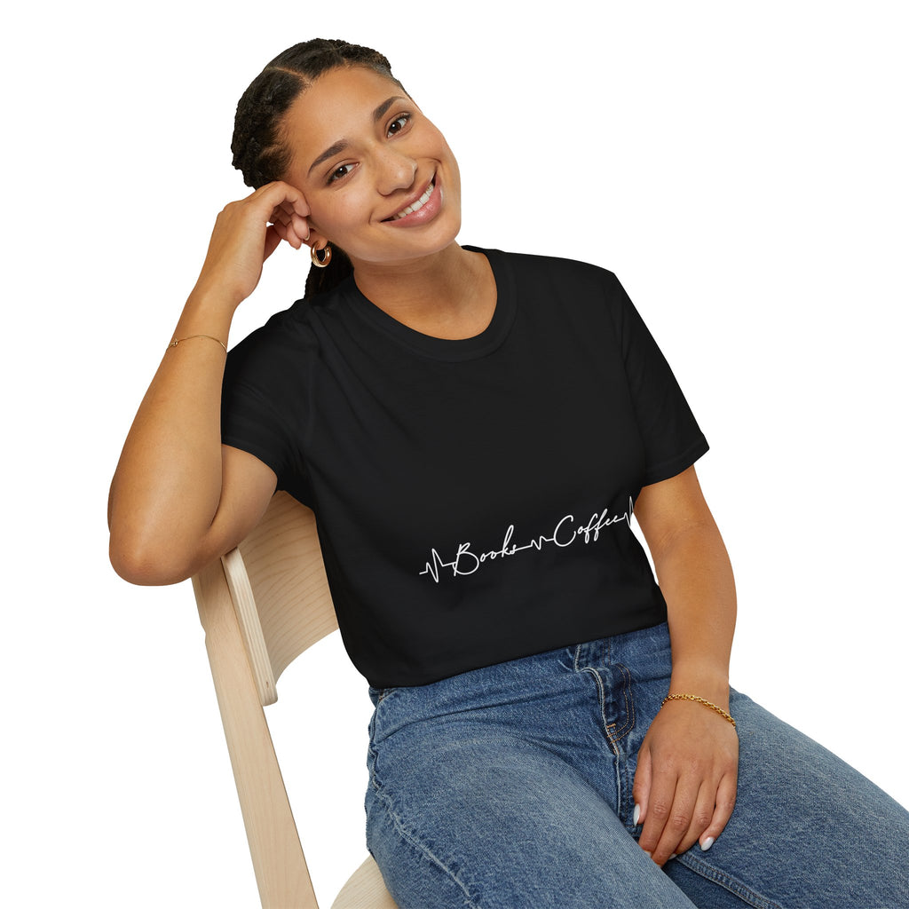T-Shirt — 'Books & Coffee' Minimal Heartbeat Graphic Tee