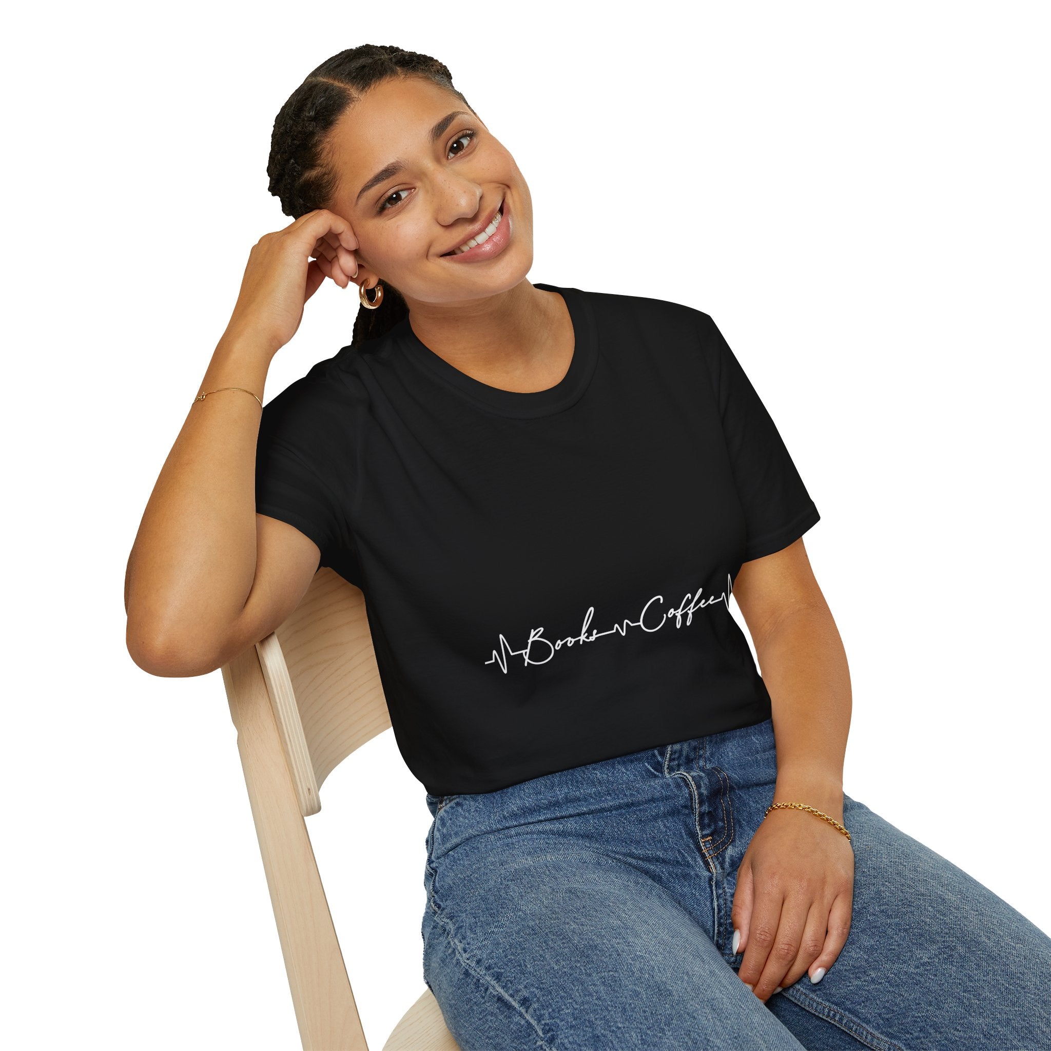 T-Shirt — 'Books & Coffee' Minimal Heartbeat Graphic Tee