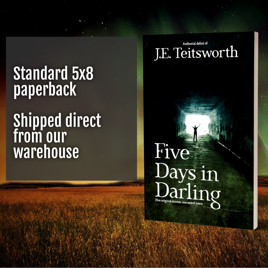 Paperback titled 'Five Days in Darling' by author J.E. Teitsworth with promotional text about direct shipping from warehouse