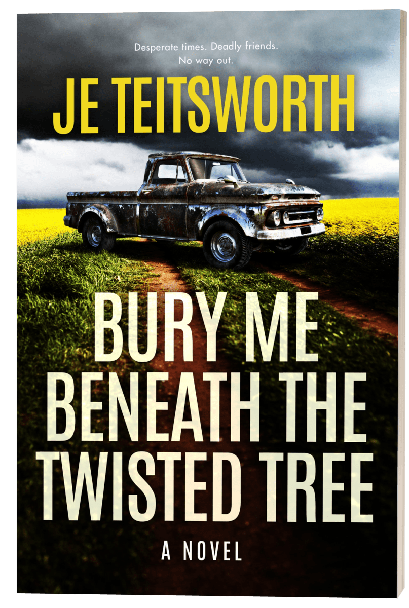 Book cover for the novel 'Bury Me Beneath the Twisted Tree' by Je Teitsworth, featuring a dark vintage pickup truck on a dirt path through a yellow field under a stormy sky.