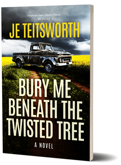 Book cover for the novel 'Bury Me Beneath the Twisted Tree' by JE Teitsworth, featuring a vintage pickup truck on a dirt path in a yellow field under a dark stormy sky. The title is displayed in large white letters, and the author's name is in yellow at the top.