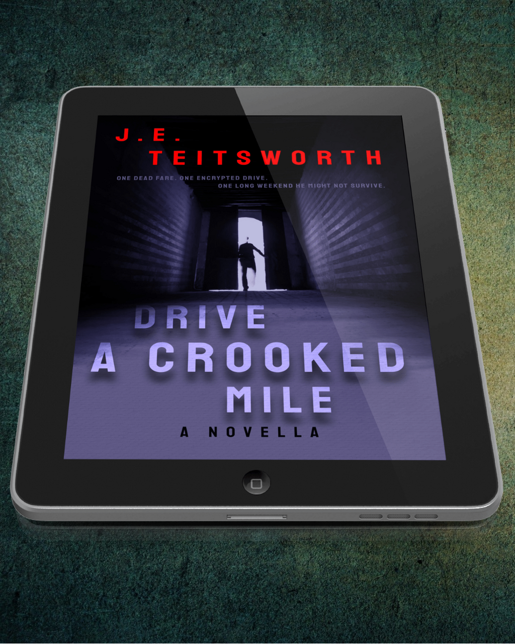 Tablet with the book cover for Drive a Crooked Mile by J.E. Teitsworth on the screen.