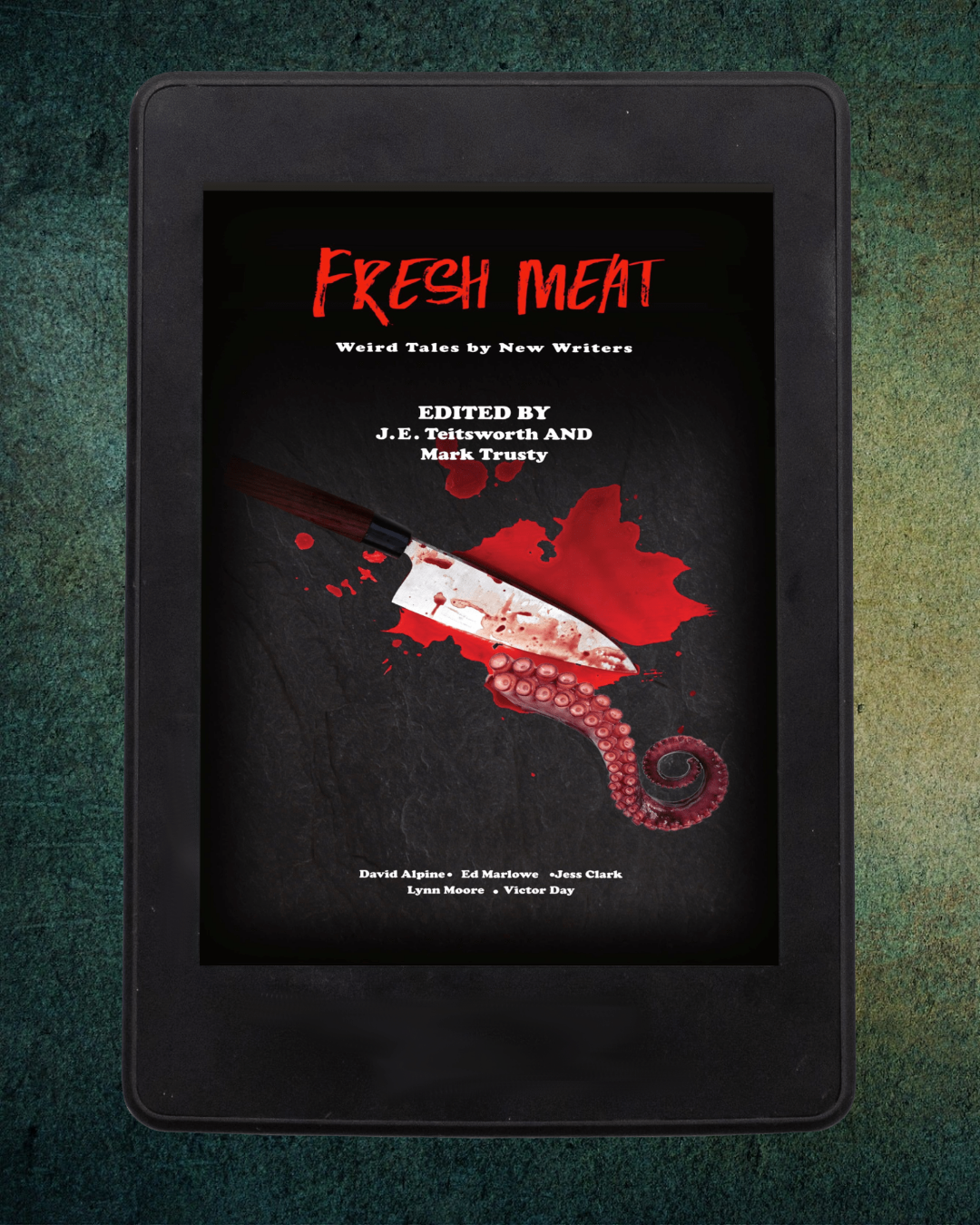 A tablet device displaying a book cover titled "Fresh Meat" with horror-themed artwork, including red title text, a knife with blood on it, and a tentacle over a dark textured background.