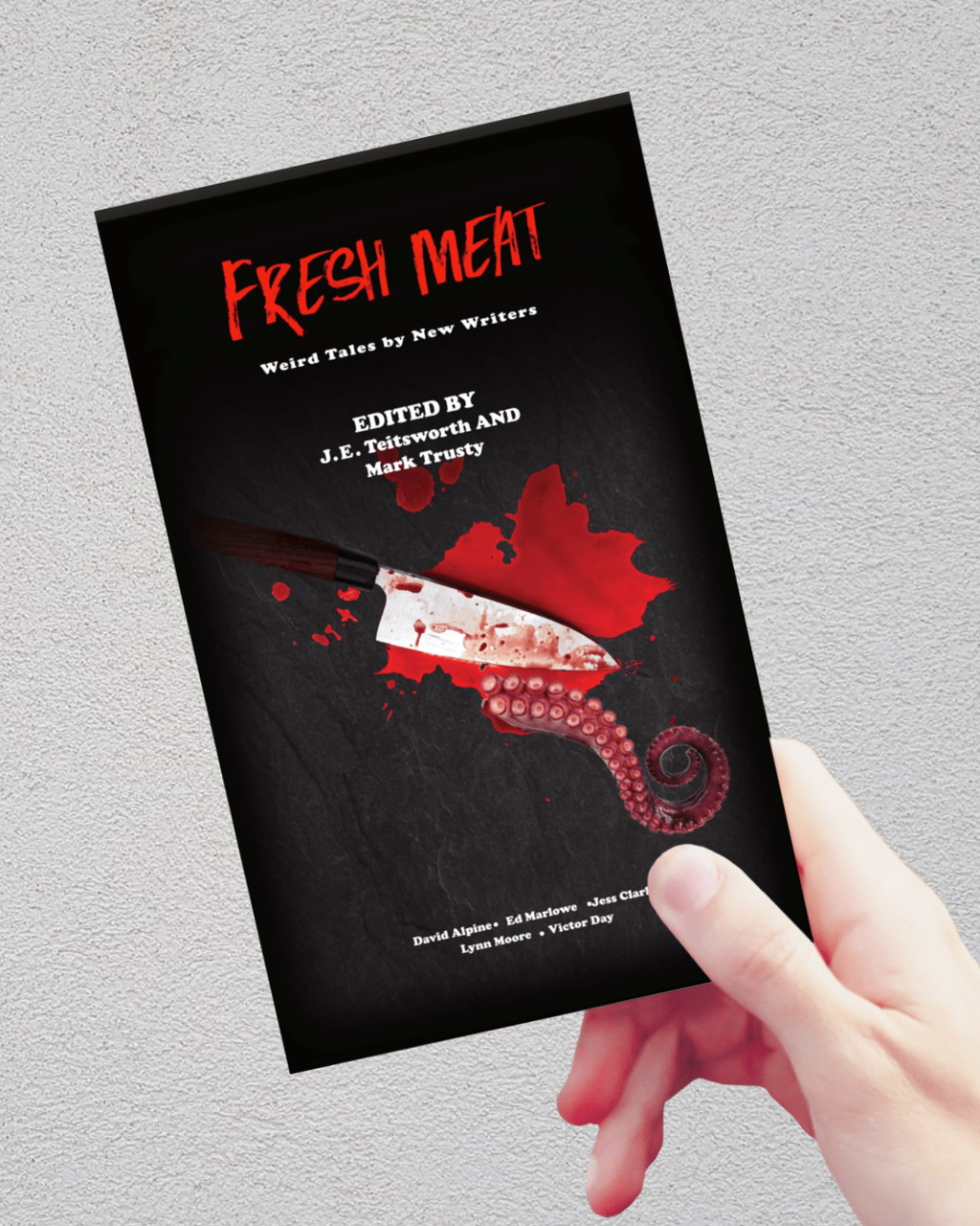 A hand holding a book titled 'Fresh Meat' against a light gray textured wall. The book cover is black with bold red title text and a graphic of a knife and tentacle over blood splatter.