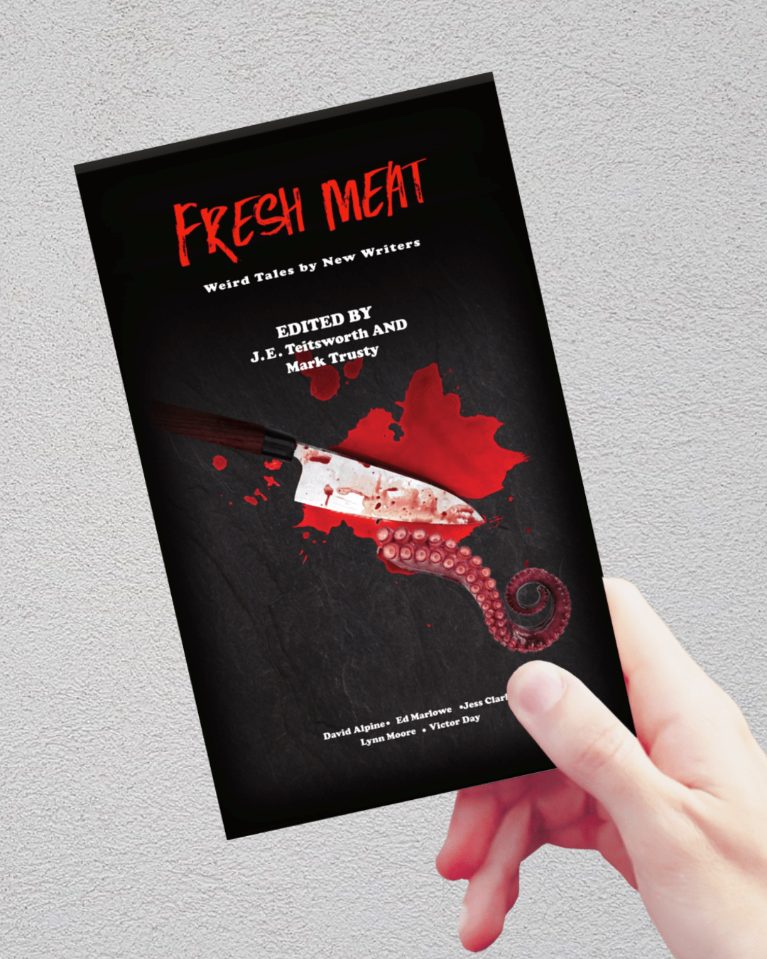 A hand holding a book titled 'Fresh Meat' against a light gray textured wall. The book cover is black with bold red title text and a graphic of a knife and tentacle over blood splatter.