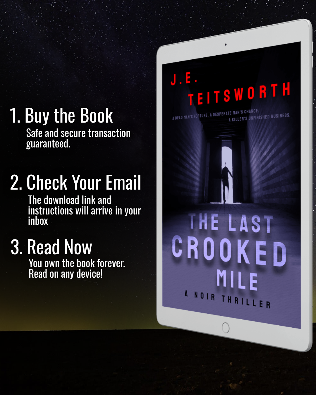 Promotional graphic for the book 'The Last Crooked Mile' by J.E. Teitsworth